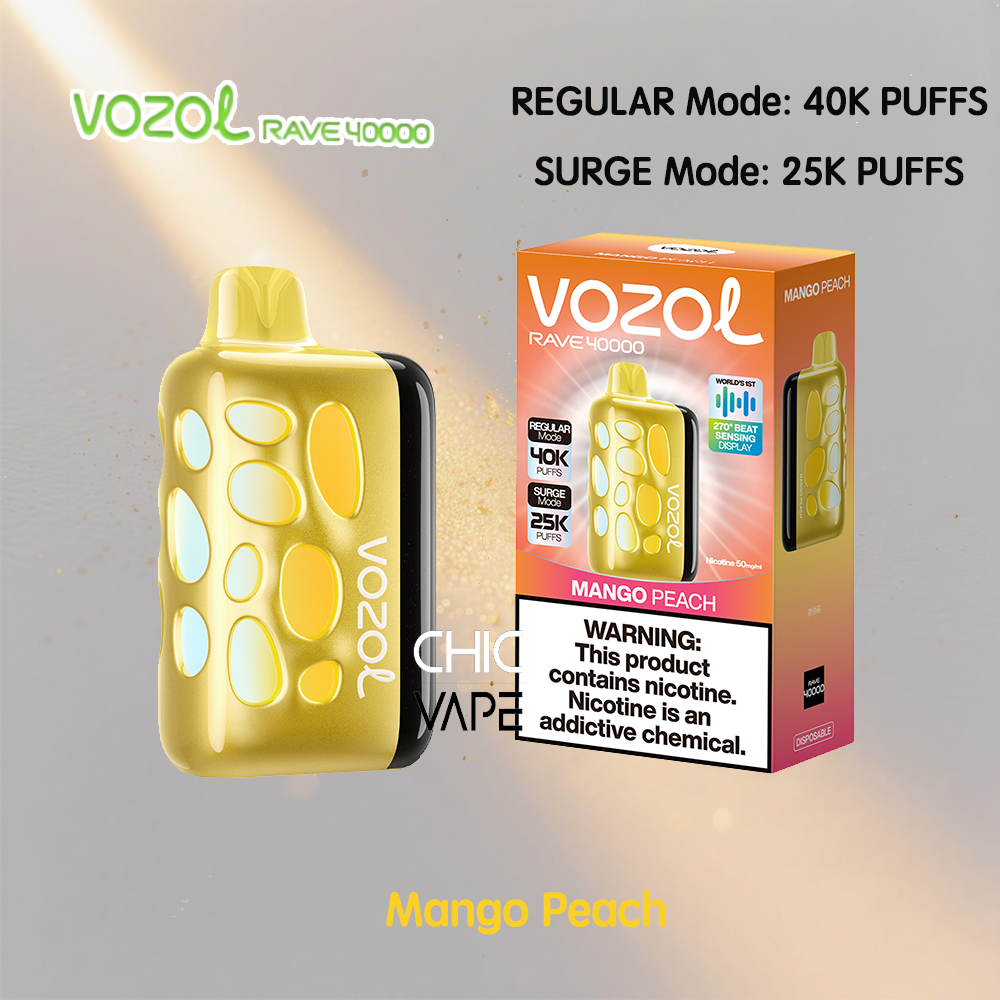 A yellow VOZOL RAVE 40000 vaping device with rounded, pill-shaped cutouts sits beside an orange Mango Peach flavor box, both set against a soft gradient background.