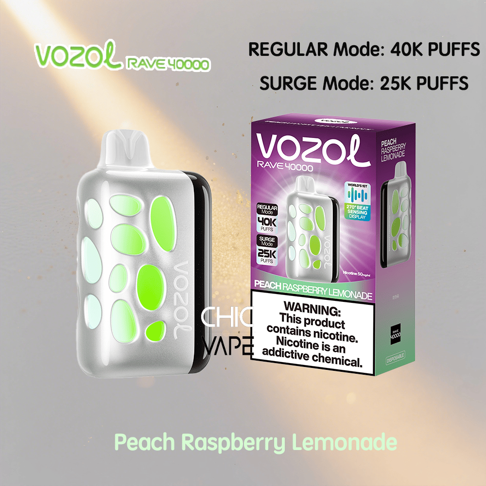 Silver VOZOL RAVE 40000 vaping device with lime-green oval buttons rests beside a purple VOZOL RAVE 40000 box labeled Peach Raspberry Lemonade.
