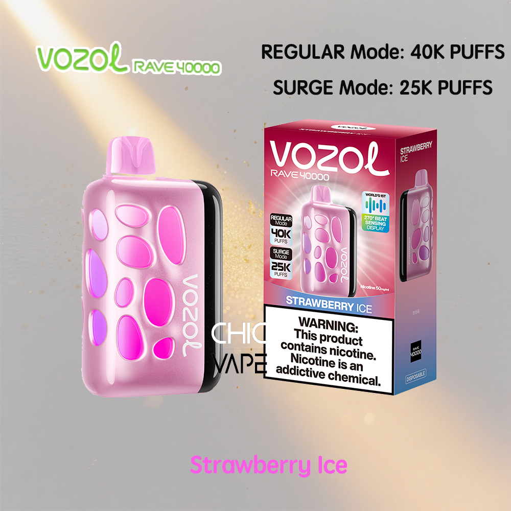 Pink VOZOL Rave 40000 disposable vape with a rounded rectangular body and pink circular panel design, shown beside its Strawberry Ice flavor box.