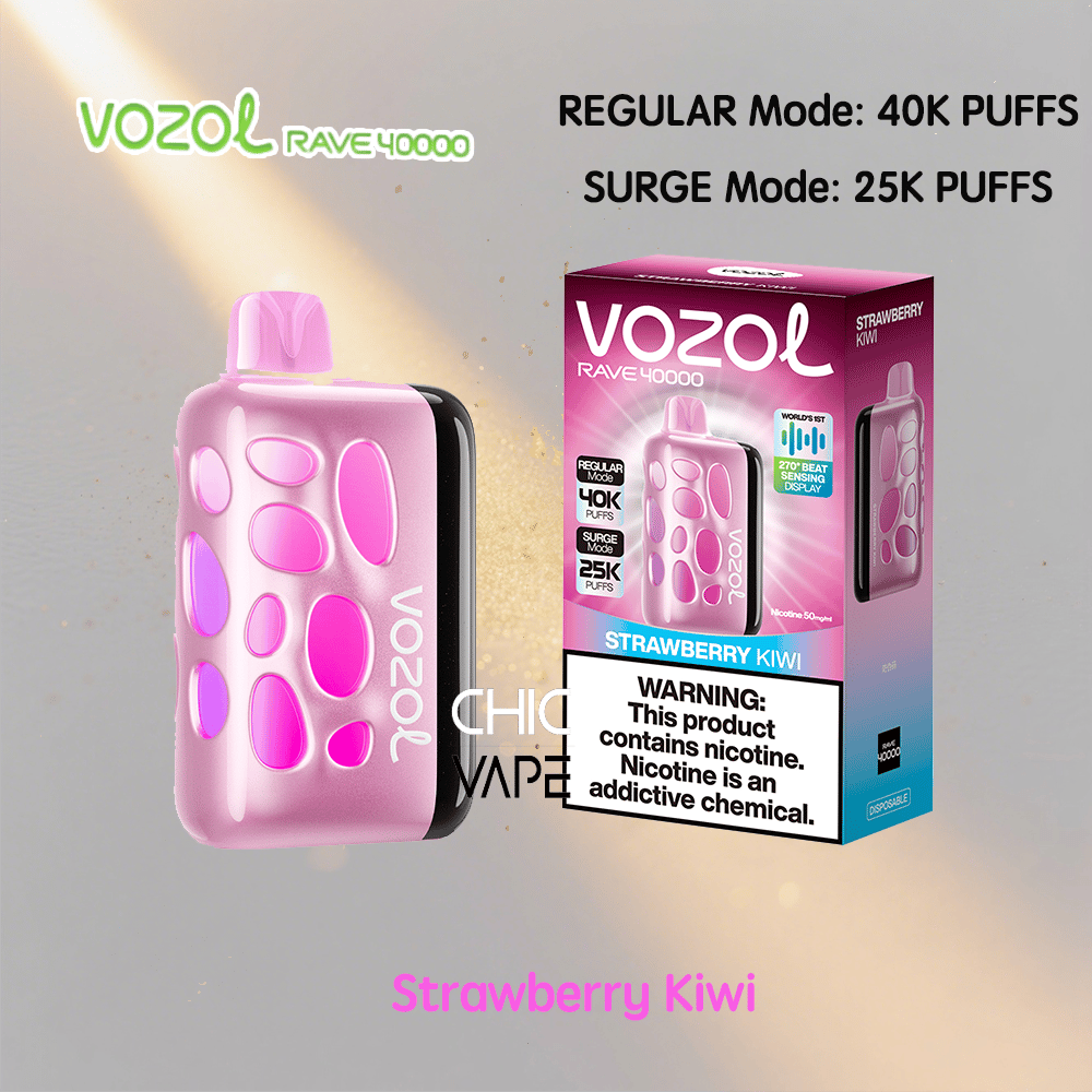 Pink VOZOL RAVE 40000 disposable vape with a pink mouthpiece and bubble-like recessed panels, shown beside a Strawberry Kiwi flavor box.