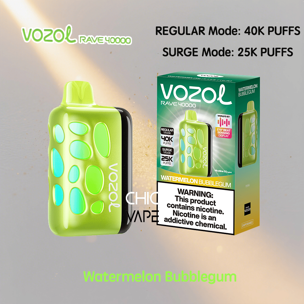A bright lime-green VozoL Rave 4000 vape device with teal circular accents sits beside its watermelon bubblegum-flavored box, which shows Regular Mode: 40K puffs and Surge Mode: 25K puffs.