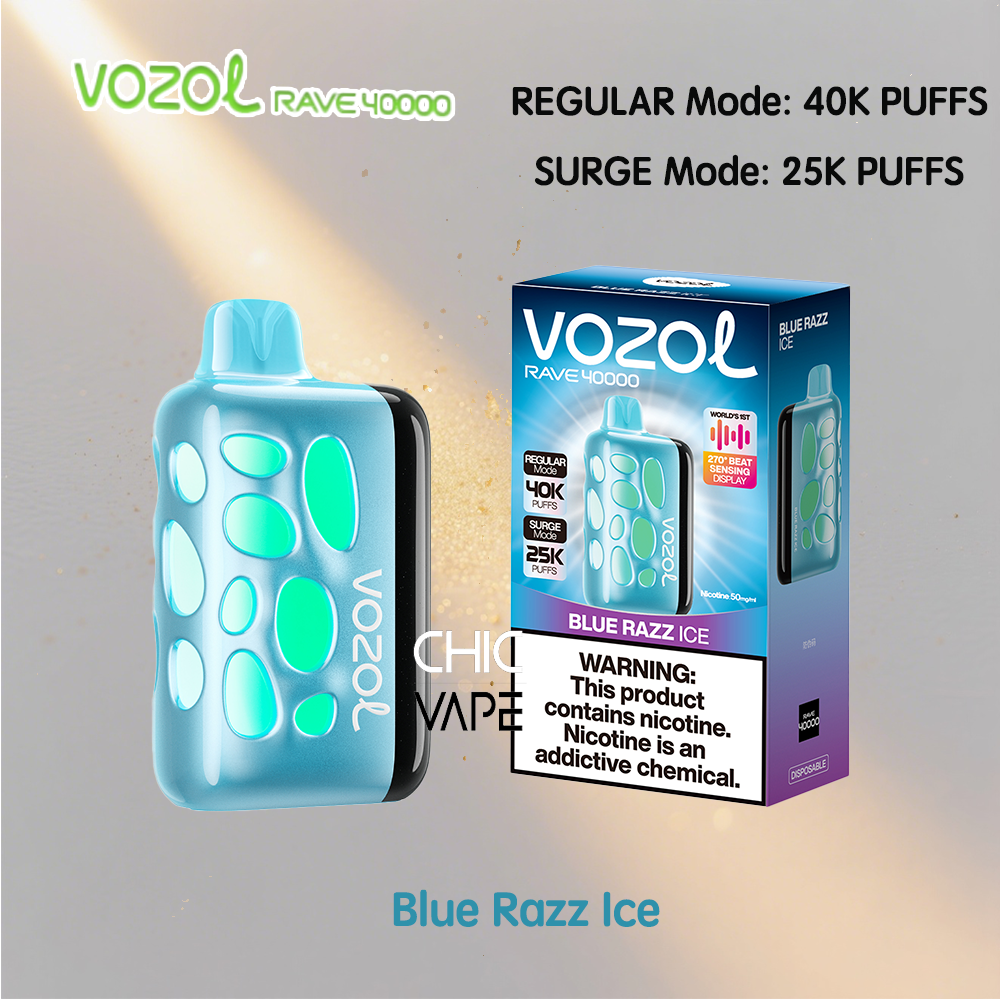 Blue VOZOL RAVE 4000 disposable vape with bright turquoise oval buttons sits beside its blue packaging box labeled Blue Razz Ice, showing Regular Mode 40K puffs and Surge Mode 25K puffs.