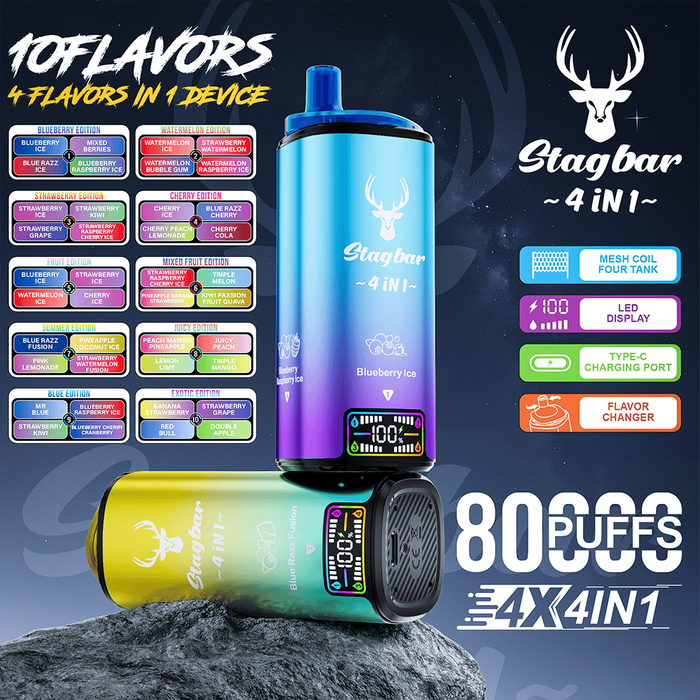 Blue and purple Stagbar 4 in 1 vape device standing upright beside a yellow-green unit on a rocky surface, set against a starry night background with a flavor edition chart and the 80 puffs 4x4 in 1 branding.