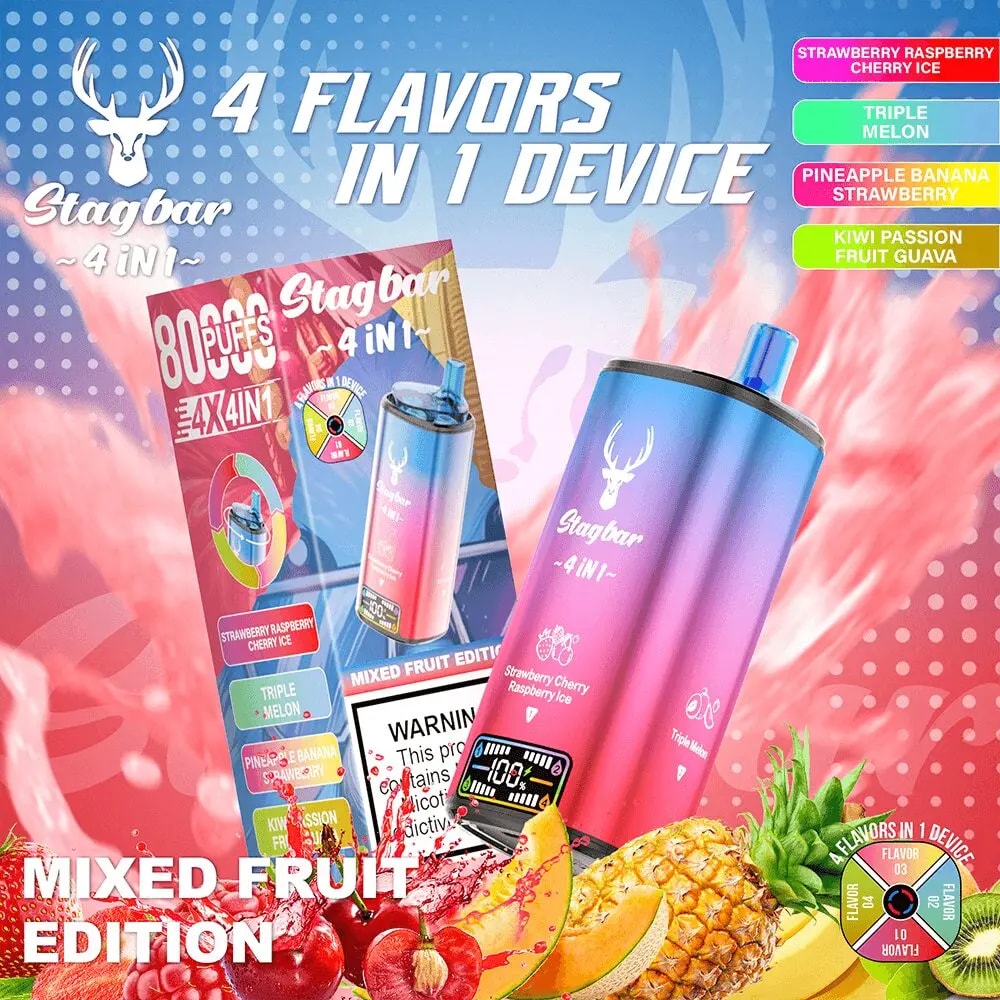 Bright ad for Stagbar 4-in-1 vape device, featuring a pink-to-blue gradient device beside mixed fruit imagery and flavor labels on the right, promoting 4 Flavors in 1 Device and Mixed Fruit Edition.