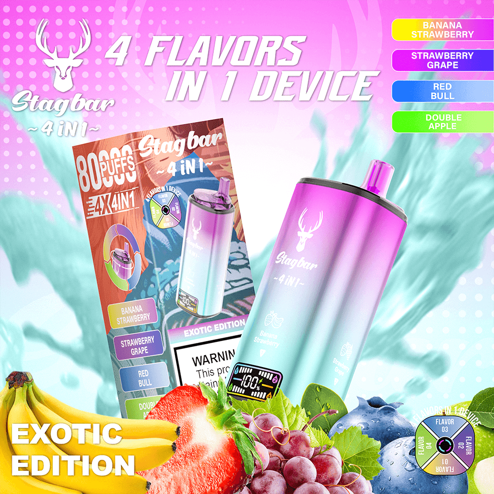 Colorful ad for the Stagbar 4 in 1 Exotic Edition, showing a pink-to-teal gradient vape device, packaging, and fruit visuals with four flavors: Banana Strawberry, Strawberry Grape, Red Bull, and Double Apple.