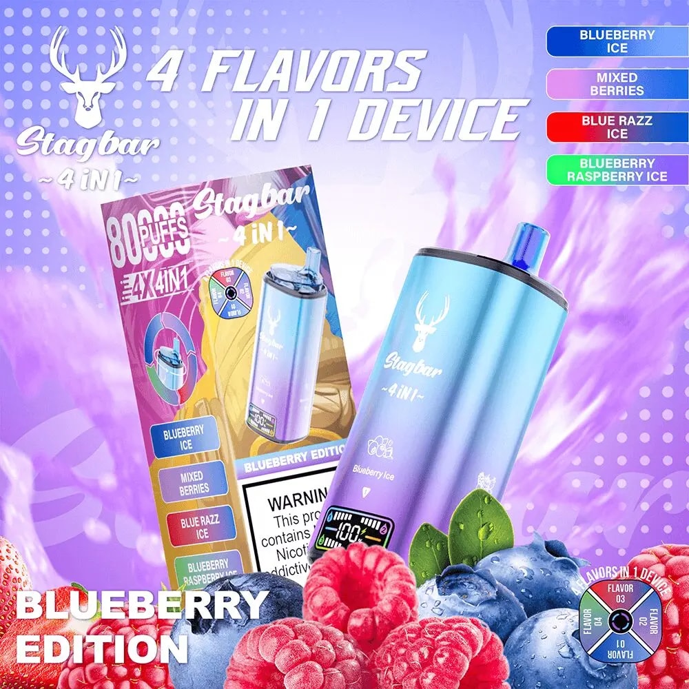 A purple Stagbar advertisement for a 4-in-1 device, featuring a blue‑purple gradient vape, a Blueberry Edition package, fresh berries in the foreground, and a flavor list (Blueberry Ice, Mixed Berries, Blue Razz Ice, Blueberry Raspberry Ice) on the right.
