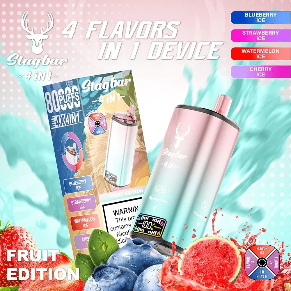 Promotional image for Stagbar 4-in-1 device featuring a pastel pink-to-teal vape mod and flavor cards for Blueberry Ice, Strawberry Ice, Watermelon Ice, and Cherry Ice, as part of the Fruit Edition packaging.