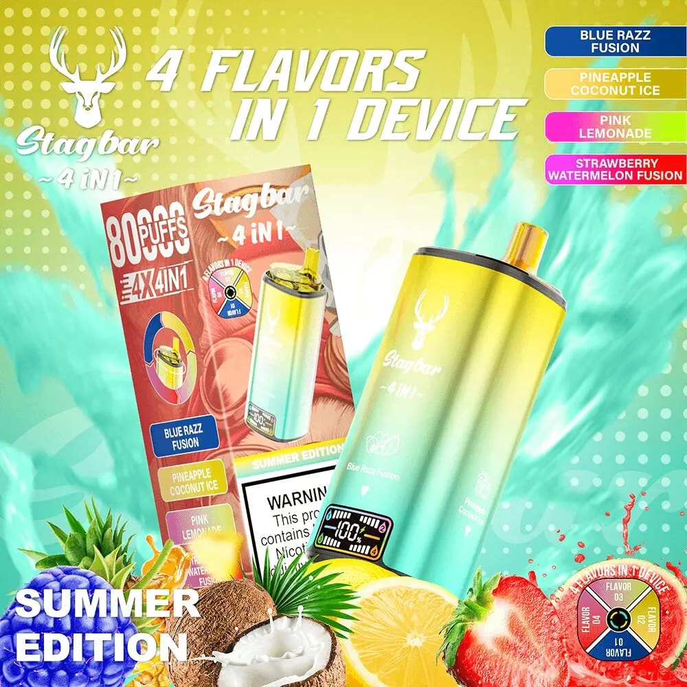 Bright yellow-green advertisement for Stagbar 4-in-1 disposable vape featuring a gradient device, stacked flavor packs and a deer logo, highlighting Summer Edition and the four flavors—Blue Razz Fusion, Pineapple Coconut Ice, Pink Lemonade, and Strawberry Watermelon Fusion.