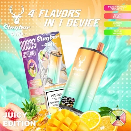Immagine promozionale per un dispositivo di svapo 4 in 1 Stagbar in Juicy Edition, caratterizzato da un dispositivo con sfumatura da arancione a verde acqua, testo in grassetto "4 FLAVORS IN 1 DEVICE" ed etichette di aromi Peach Mango Pineapple, Juicy Peach, Lemon Lime e Triple Mango.
