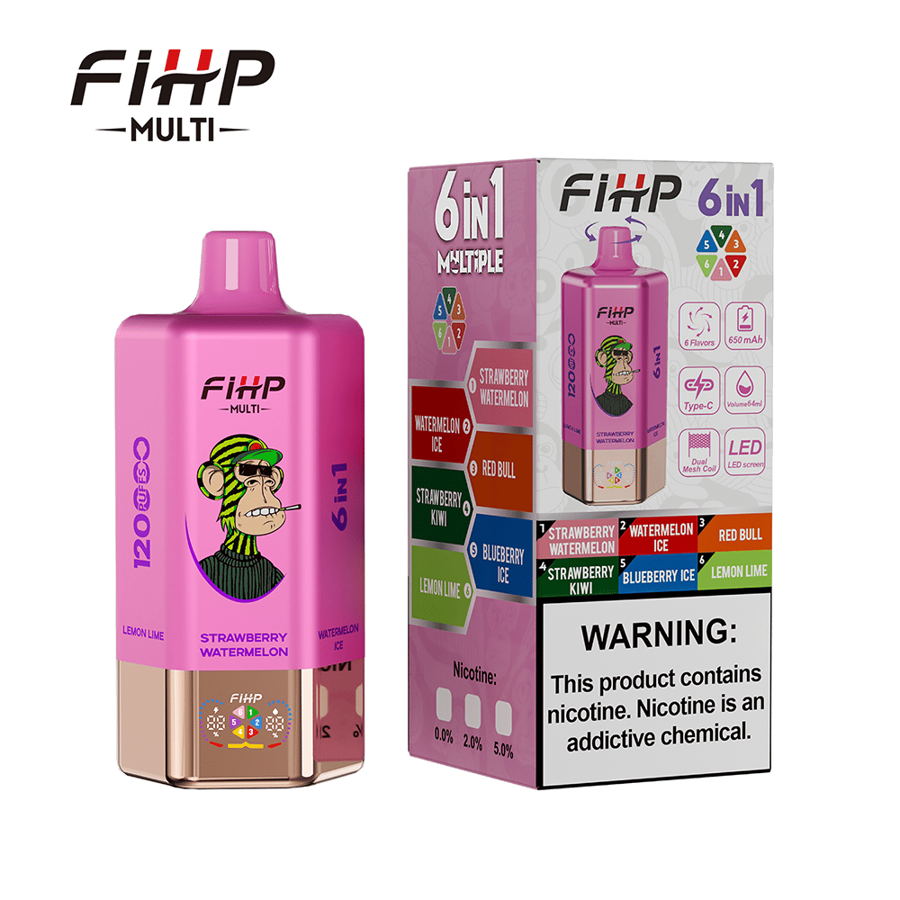 Pink FIHP Multi 6-i-1 engångsvap med en tecknad apa på etiketten, som visas bredvid sin låda som listar smaker som jordgubbsvattenmelon och citronkalk och bär en nikotinvarning.
