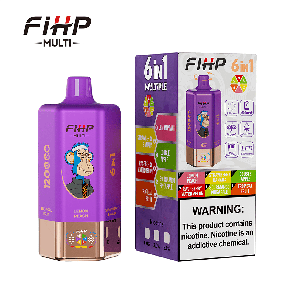 Purple FIHP Multi 6-in-1 Vape-flaska med en tecknad apa-logotyp, som visas bredvid sin Purple Packaging Box som listar de sex smakerna och har en nikotinvarning.