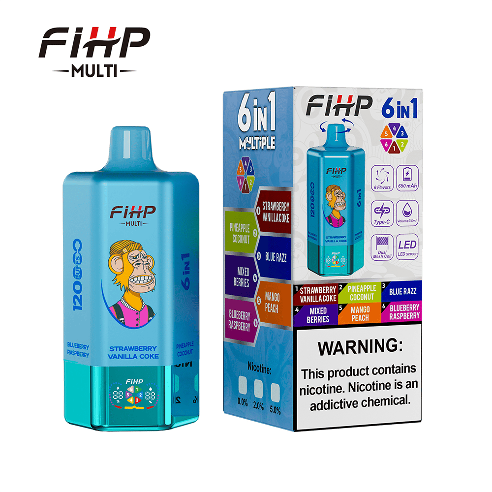 Blue FIHP Multi 6-i-1 engångsvape med en tecknad apa på etiketten, visas bredvid sin låda som belyser sex smaker och en nikotinvarning.