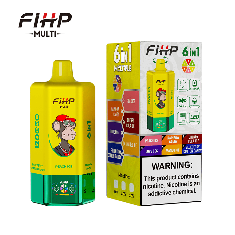 En ljusgul FIHP multi 6 i 1 vaping-flaska med en kricka bas och en tecknad apa-logotyp, visad bredvid sin gula-vita förpackning som listar sex smaker (persikas, regnbågens godis, Cherry Cola Ice, Mango Ice, Love 666, Blueberry Cotton Candy) och en nikotinvarning.