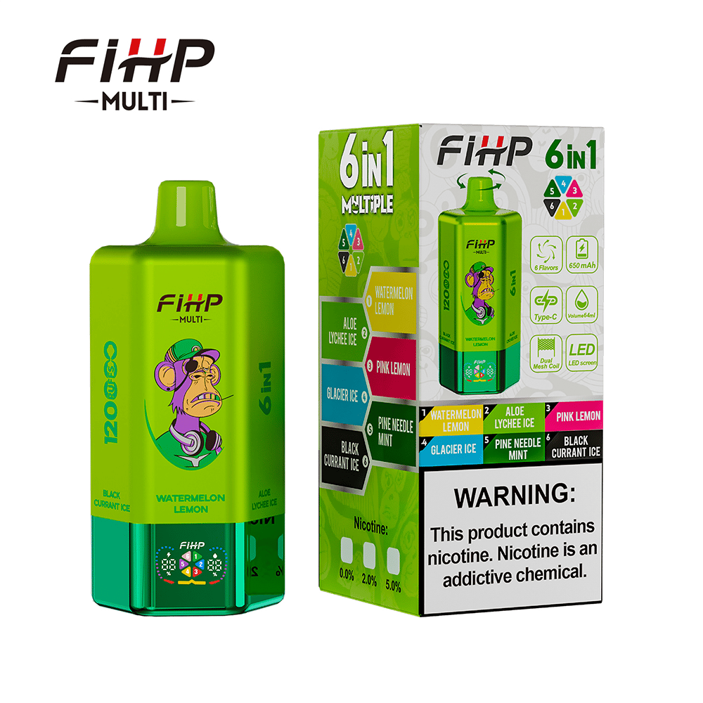 Bright Green FIHP Multi 6-in-1 Vape-enhet med en tecknad apa-logotyp, visas bredvid sin gröna och vita förpackning som belyser sex smaker och en nikotinvarning.