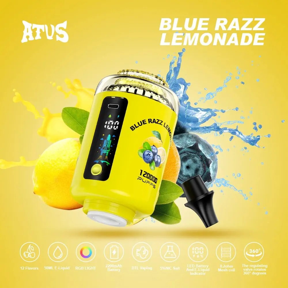 En ljusgul vape -enhet med en svart skärmpanel och ett avtagbart munstycke, märkt blå razzlimonad, sitter bland citroner och blåbär med en blå flytande stänk och annonserar 12 000 puffar.