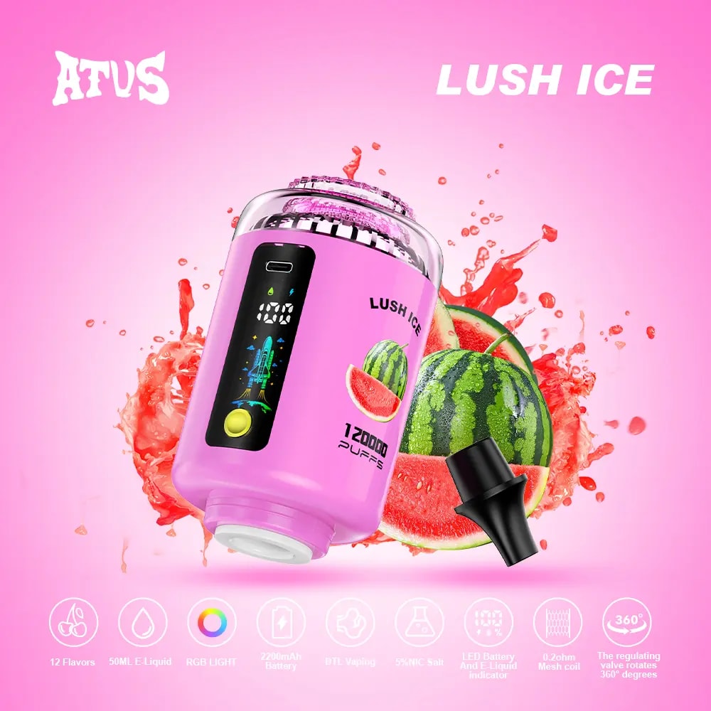 En rosa frodig isvape -enhet med en digital skärm och svart munstycke sitter i en vinkel framför vattenmelonbilder på en rosa gradientbakgrund, med ATUS -märket och frodig issmaktext.