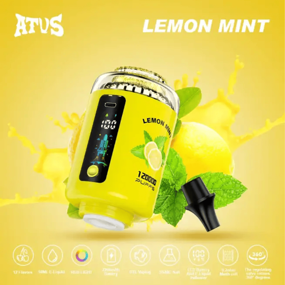 Ljusgul citron -mintvape -enhet med en svart skärmpanel och ett avtagbart munstycke, inställd mot en gul bakgrund med citron- och myntablad, och orden citronmynta och 12000 puffar synliga.