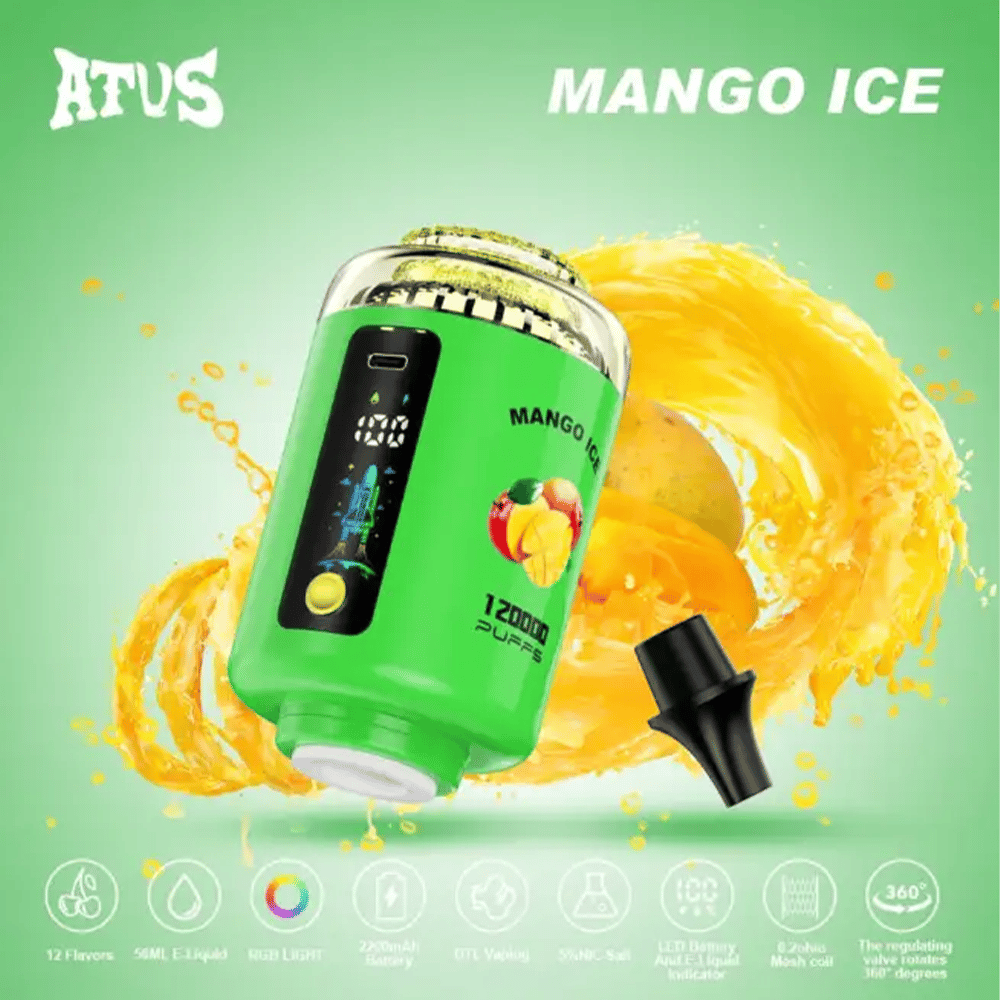 Ljusgrön mango is engångsvape med en digital skärm och mango grafik, visas med ett svart munstycke och märkt 12000 puffar.