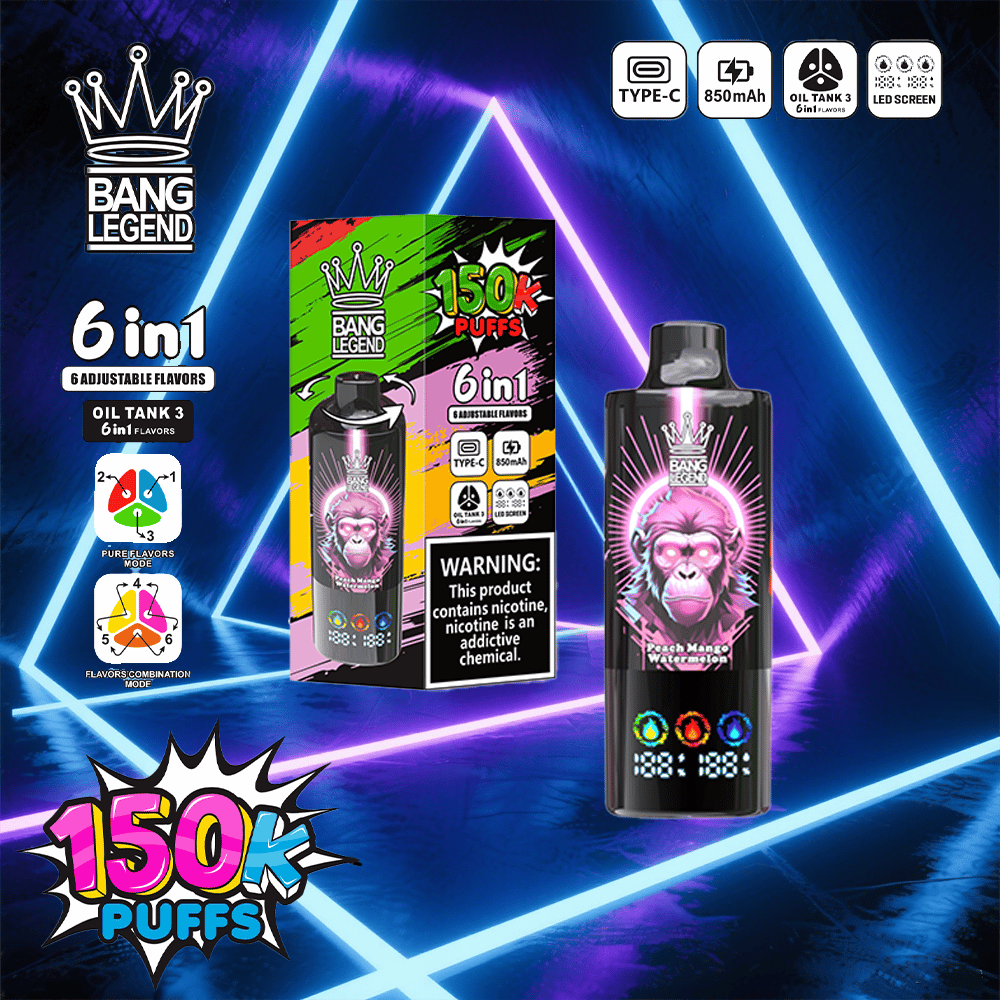 Bang Legend 6-in-1 adjustable-flavor vape kit with a colorful box and a pink monster-themed bottle labeled 150K PUFFS, set against neon blue and purple geometric lights and featuring a nicotine warning on the packaging.