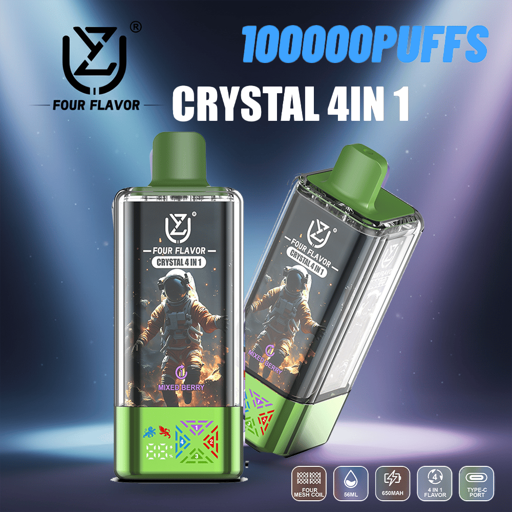 Två fyra smaker Crystal 4IN 1 vape-kapslar med gröna munstycken och astronautkonstverk med rymdtema märkt Mixed Berry, mot en blålila gradientbakgrund.