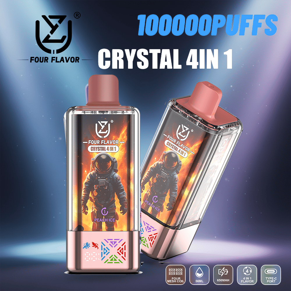 Två Crystal 4in1 vape-enheter från Four Flavour med rosa munstycken och astronautkonstverk på blanka kroppar, visade mot en blå kosmisk bakgrund med Four Flavour-logotypen och den djärva '100000PUFFS'-texten.