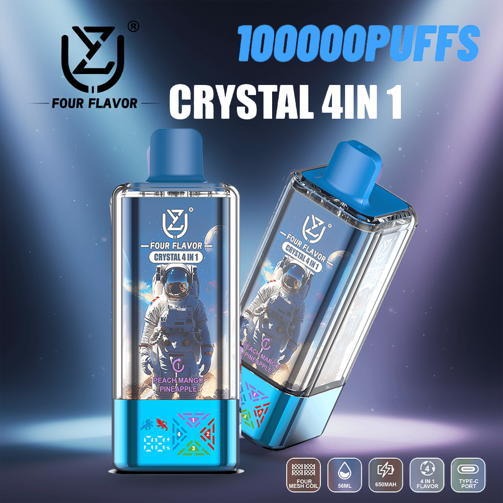 Två kristallklara vape-enheter i pod-stil med blå munstycken och blå baser står upprätt och vinklade mot en lutning med rymdtema, var och en med Four Flavour-logotypen, 'Crystal 4 in 1'-etiketten och astronautbilder för Peach Mango Pineapple-smaken, med '100000' visas överst.