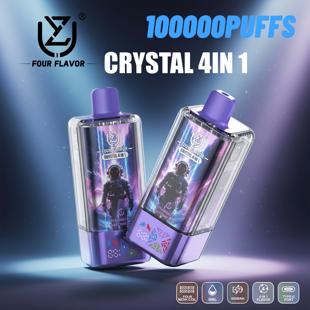 Två genomskinliga vape-kapslar med lila munstycken vinklade tillsammans, med konstverk med rymdtema och Crystal 4in1-varumärket från Four Flavour mot en blå-till-lila gradientbakgrund med '100000 PUFFS'-text.