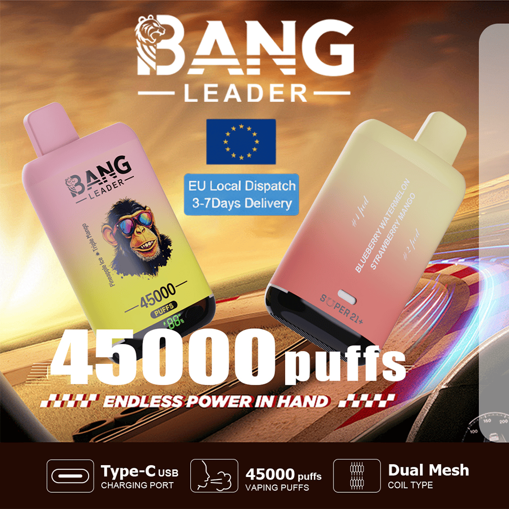 Deux appareils de vapotage jetables Bang Leader avec des dégradés rose-jaune et pêche sur fond de piste de course; l'un montre un graphique de singe et ' 45 000 bouffées ', avec une icône de drapeau de l'UE et un badge ' EU Local Dispatch 3-7 Days Delivery ' à proximité.