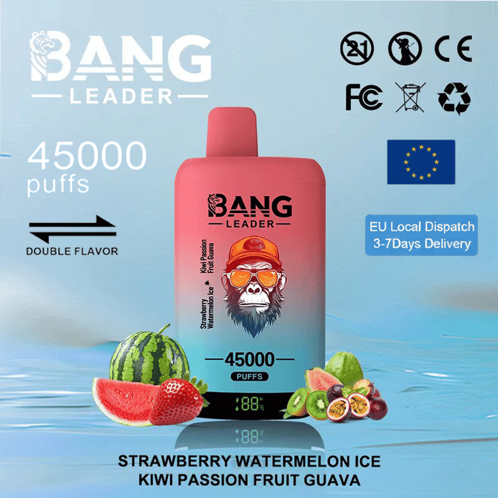 La bouteille de vape jetable Pink Bang Leader étiquetée 45 000 bouffées se dresse sur un fond bleu de bord de mer, entourée de tranches de pastèque et de fruits mélangés, avec des noms de saveurs Fraise Pastèque Glace Kiwi Fruit de la Passion Goyave et plusieurs icônes de certification et un drapeau de l'UE.