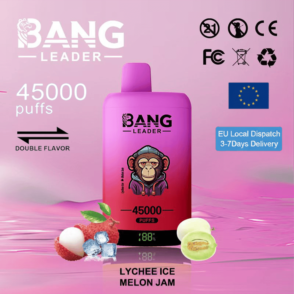 Bouteille de vape Bang Leader rose et violette étiquetée 45 000 bouffées avec un logo de singe de dessin animé, placée à côté de fruits de litchi et de melon sur un fond dégradé rose.