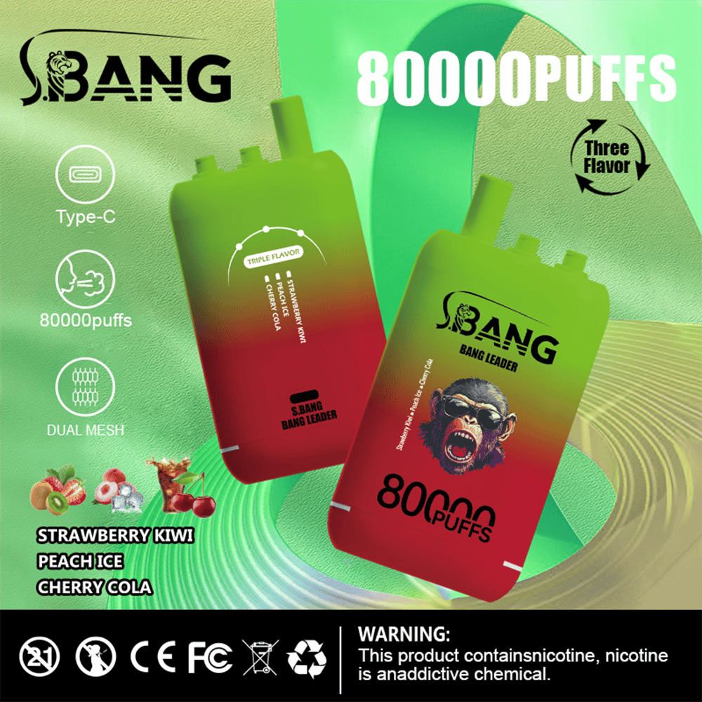 Two neon green to red gradient vape pods labeled J.BANG with 80000 puffs, displayed on a bright green and yellow promotional background; they feature Type-C charging, Dual Mesh, a Three Flavor graphic, and a flavor lineup of Strawberry Kiwi Peach Ice Cherry Cola.