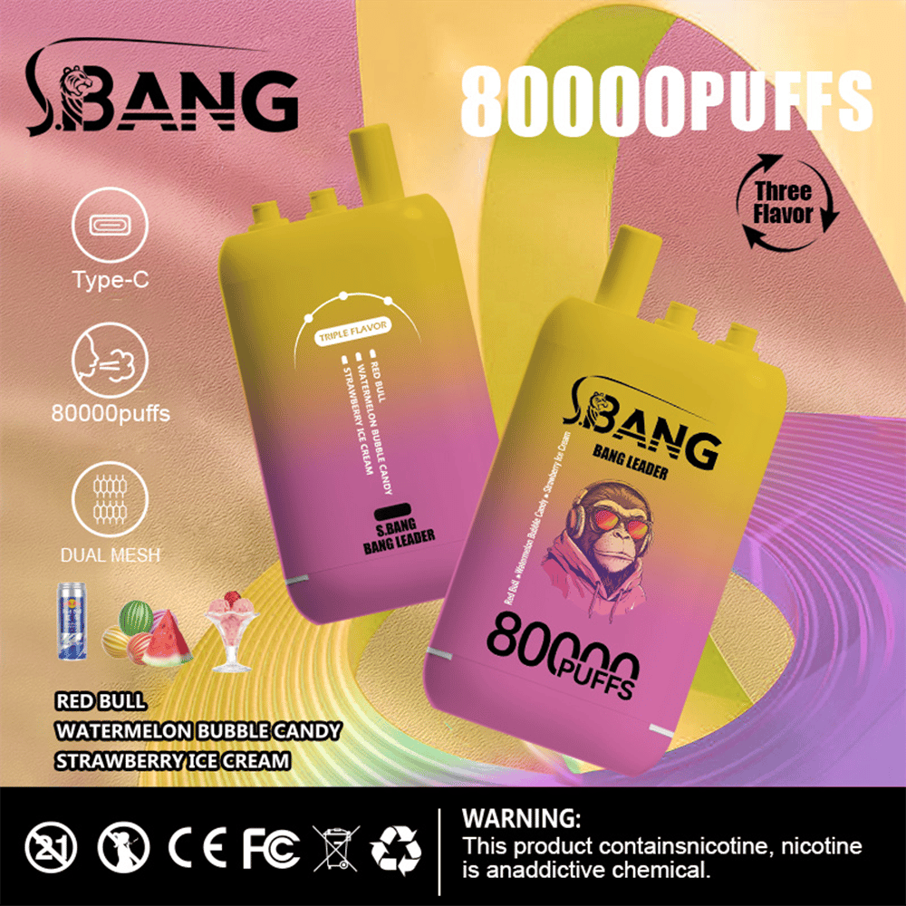 Two gradient yellow-to-pink disposable vape devices with S.BANG branding and 80000 Puffs text sit against a bright, abstract background, highlighting Type-C charging, dual mesh coils, and three flavors: Red Bull, Watermelon Bubble Candy, and Strawberry Ice Cream.