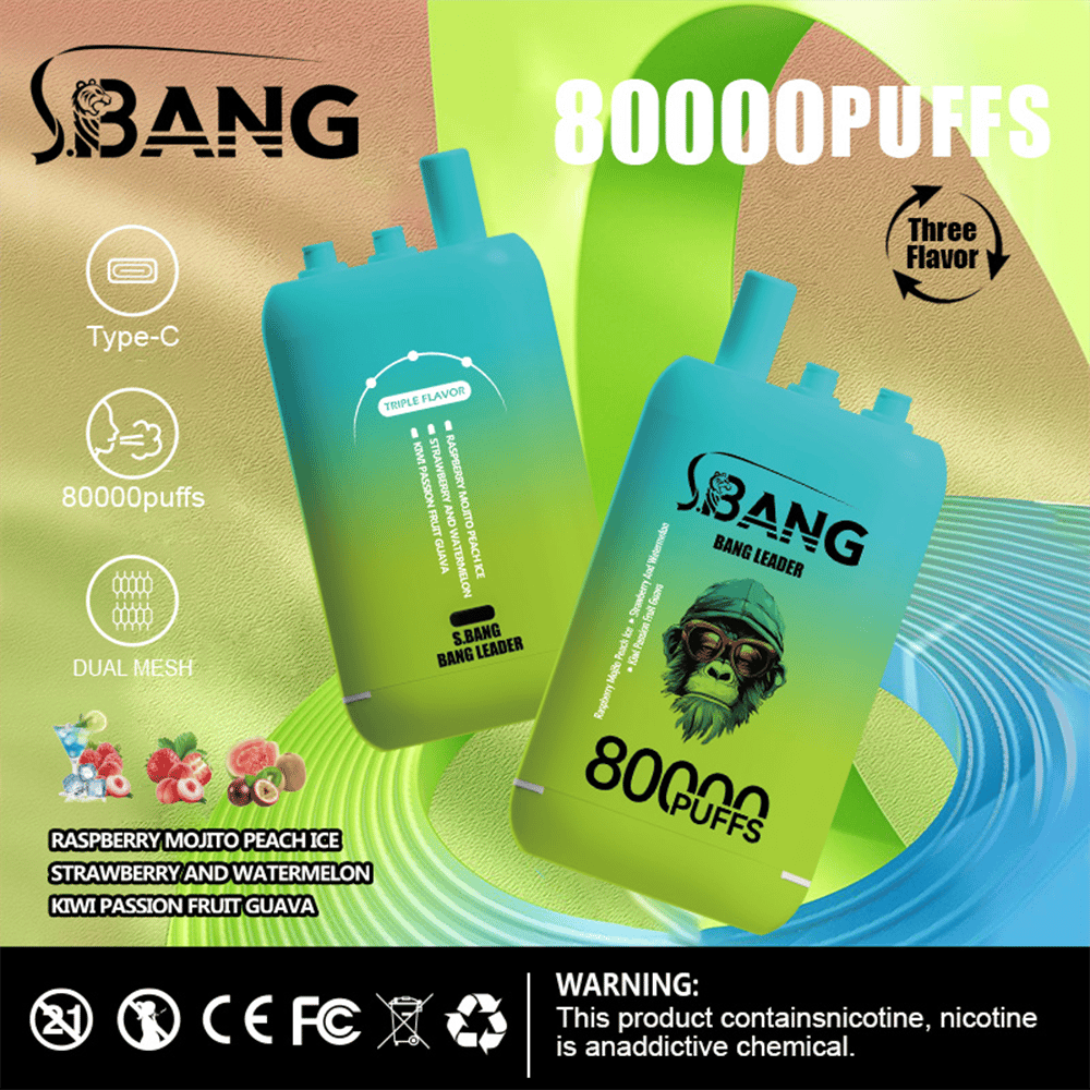 Two gradient turquoise and lime vape devices branded '80000 Puffs' with a monkey logo, displayed on a vibrant background with flavor options such as Raspberry Mojito Peach Ice, Strawberry and Watermelon, and Kiwi Passion Fruit Guava, along with a nicotine warning.