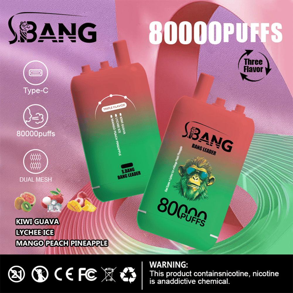 Two gradient pink-to-green disposable vape devices labeled S.BANG BANG LEADER, promoting 80,000 puffs with tropical fruit flavors (kiwi guava, lychee ice, mango peach pineapple) and icons for Type-C charging and dual-mesh coils against a colorful abstract background.
