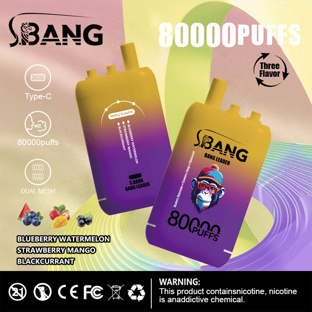 Two gradient purple-to-yellow vape devices with the S.BANG branding, advertising 80,000 puffs and three flavors, plus a fruit flavor list (blueberry, watermelon, strawberry, mango, blackcurrant) and a black warning bar at the bottom.