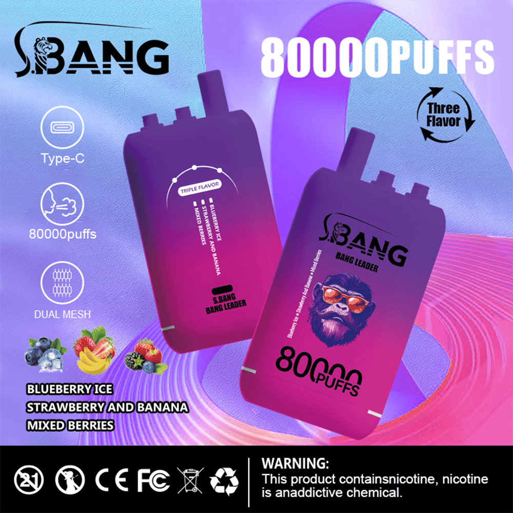 Two purple vape devices labeled S.BANG Bang Leader advertise 80,000 puffs on a blue-pink gradient background, highlighting three flavors—blueberry ice, strawberry and banana, and mixed berries—with icons for Type-C charging and dual mesh.