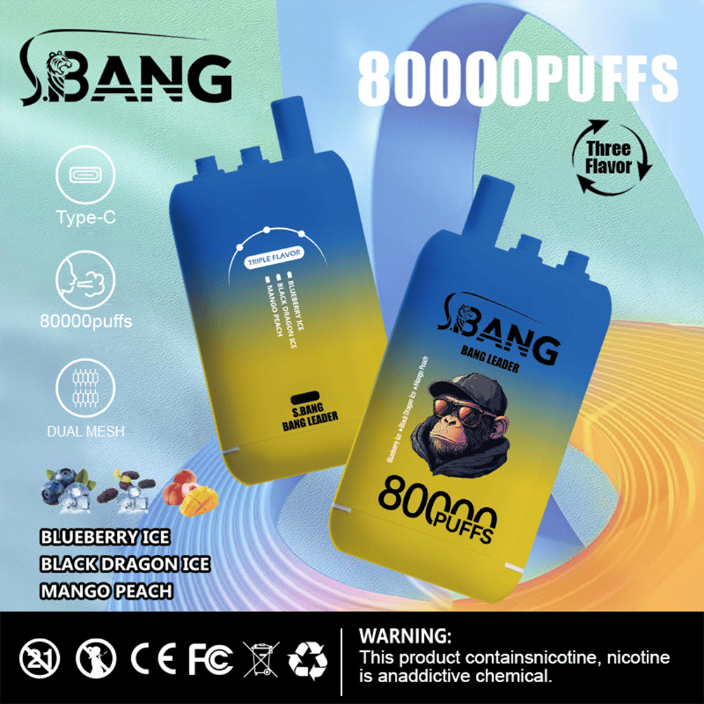 Two blue-to-yellow disposable vape devices with the J.BANG branding and a monkey mascot, advertising 80,000 puffs and dual‑mesh coils, shown with flavor options Blueberry Ice, Black Dragon Ice, and Mango Peach against a colorful gradient background and icons for Type-C charging and three flavors.