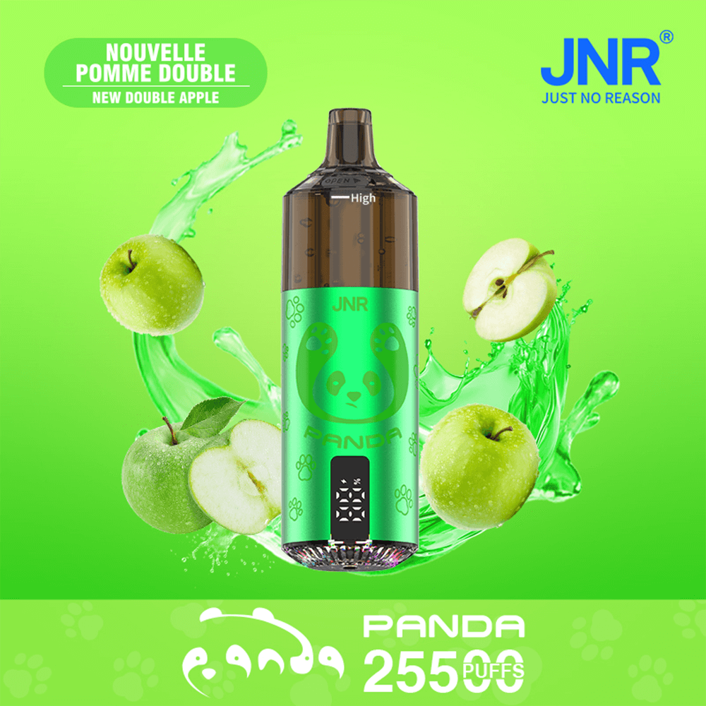 Bright lime-green JNR advertisement featuring a panda-themed disposable vape at the center with a green wrap and panda logo, surrounded by apples and splash effects, promoting New Double Apple (Nouvelle Pomme Double) and 2550 puffs.