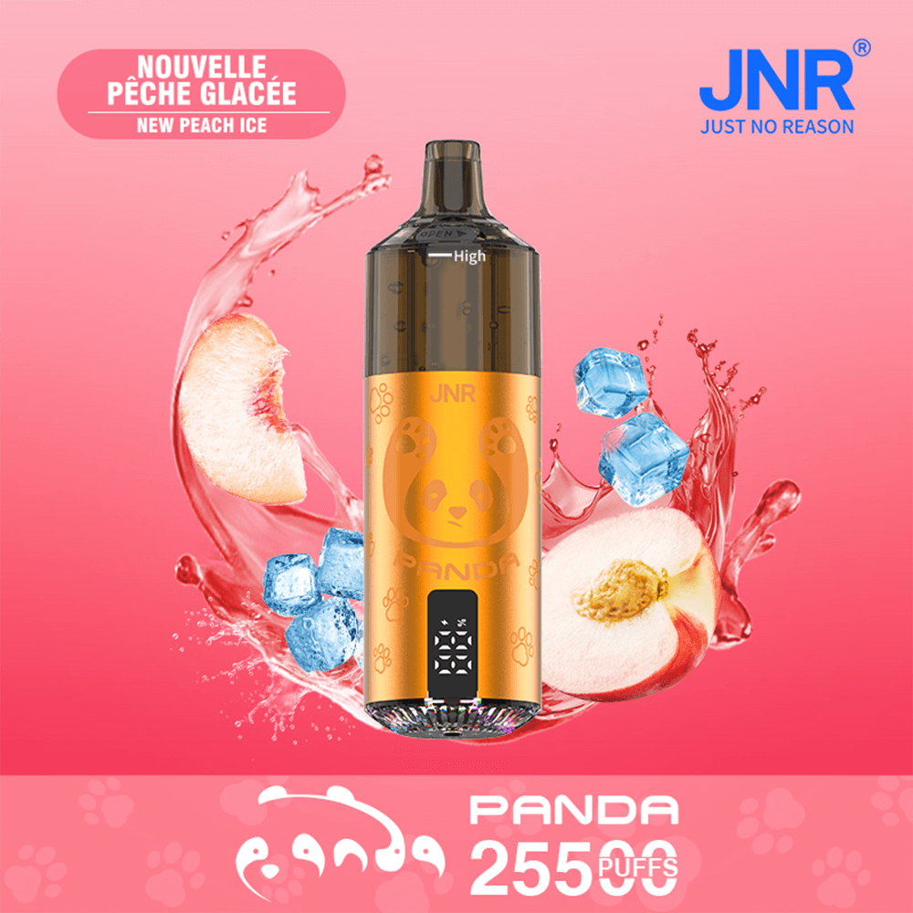 A JNR Panda vape device with an orange panel and panda emblem stands upright on a pink gradient background, surrounded by peach slices and ice cubes to convey the New Peach Ice flavor.