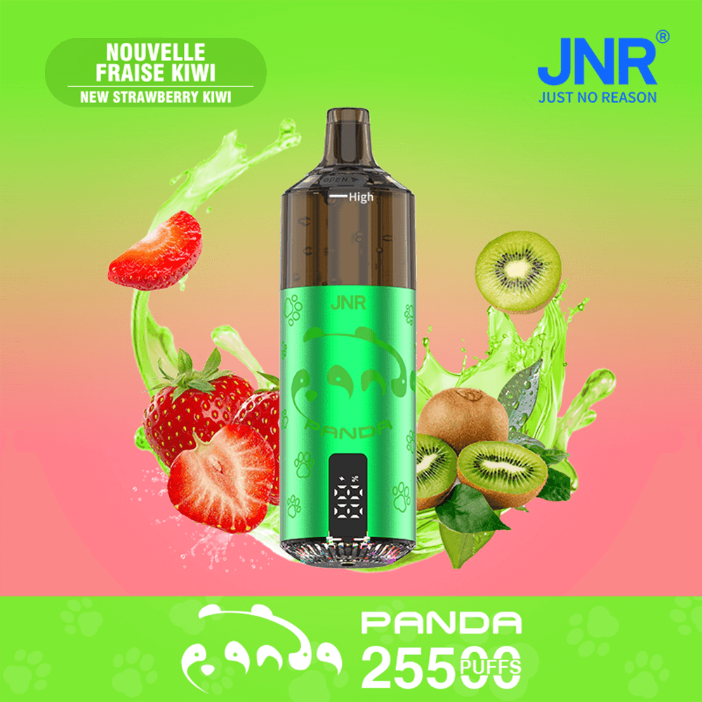 Bright green JNR Panda vape pod with a brown mouthpiece, featuring a strawberry-kiwi (Nouvelle Fraise Kiwi) flavor, set against a lime-to-pink gradient with floating strawberries and kiwis and the JNR logo in the top-right corner.