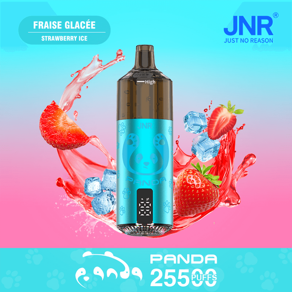 A turquoise Panda-branded vape device with a dark brown mouthpiece sits at the center, surrounded by splashes of strawberries and ice on a blue-to-pink gradient background, with 'FRAISE GLACÉE STRAWBERRY ICE' and the JNR logo visible.