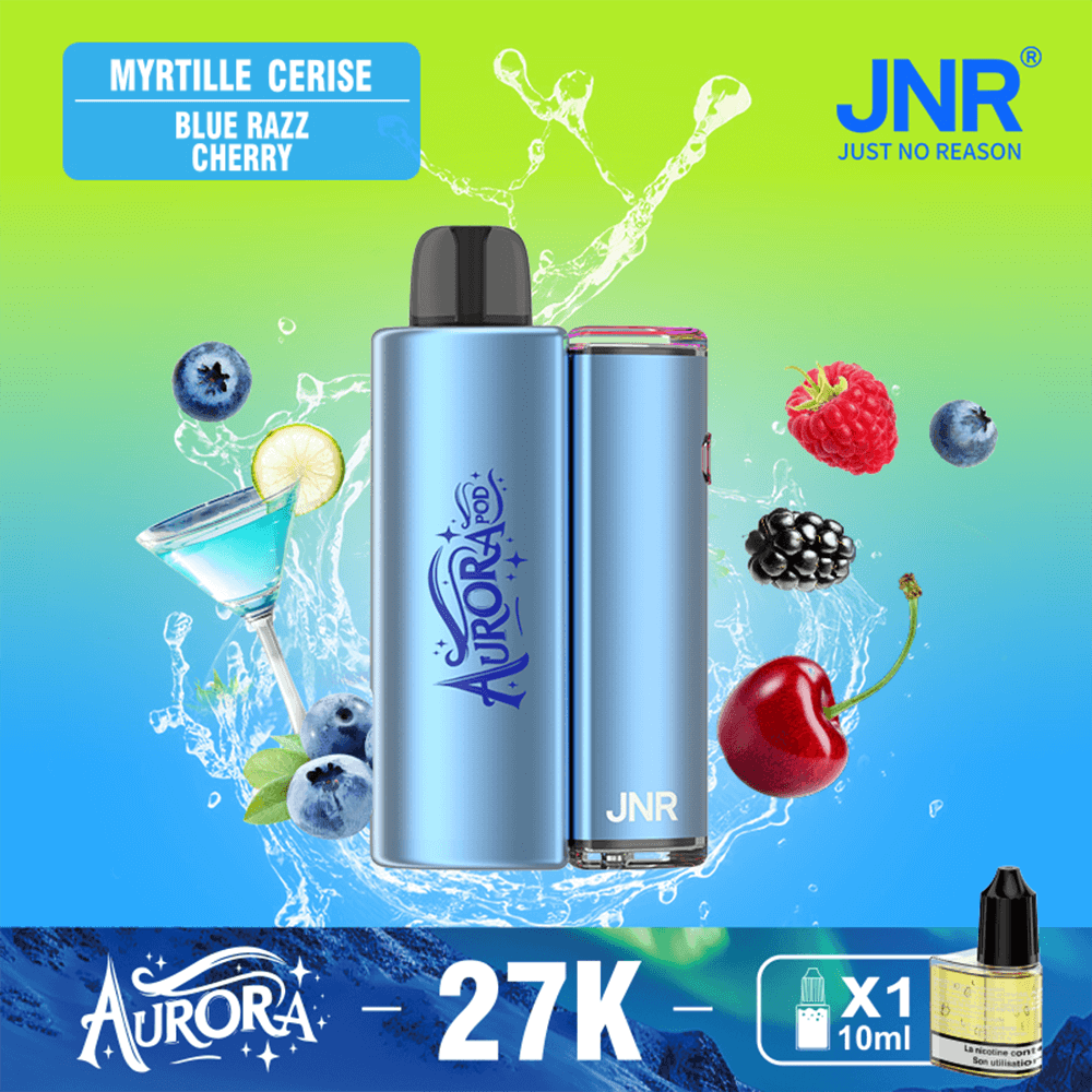 Advertisement for JNR Aurora vape showing two blue devices with Aurora branding, a Myrtle Cerise Blue Razz Cherry flavor label, and surrounding fruit imagery (berries and cherry) with splash visuals, plus the JNR logo at the top right and the Aurora logo at the bottom left.