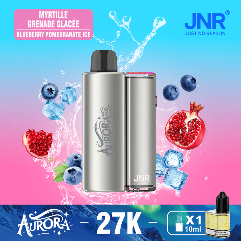 Two sleek silver vape devices stand upright on a blue-to-pink gradient background with splash effects, surrounded by blueberries and a pomegranate, a pink flavor label reading 'Myrtille Graine Glacée Blueberry Pomegranate Ice' in the top-left and the JNR logo in the top-right, with Aurora branding and a '27K' figure at the bottom.