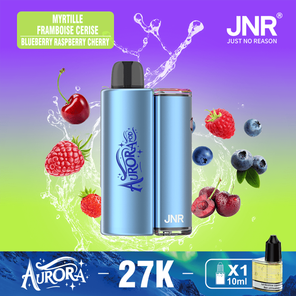 Vibrant gradient advertisement showing two blue Aurora vape devices with JNR branding, a green label listing flavors blueberry, raspberry, and cherry, surrounded by splashing fruit imagery including blueberries, raspberries, and cherries, with a bottom banner reading Aurora 27K and a small 10 ml bottle icon.