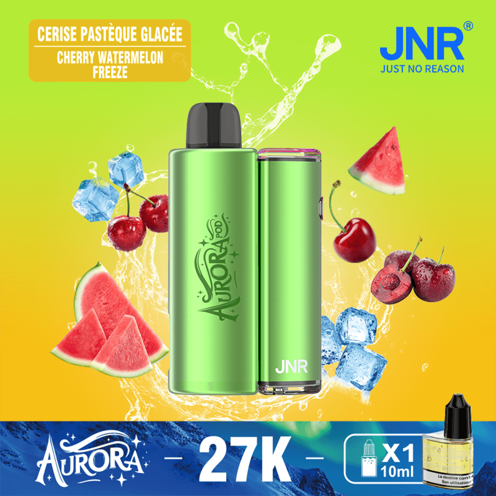 Bright lime-to-orange gradient advertisement featuring two green vape devices (Aurora-branded) with the JNR logo, surrounded by fruit imagery like watermelon slices and cherries, plus an orange label reading Cerise Pastèque Glacée Cherry Watermelon Freeze; a blue bottom banner displays the Aurora logo and the price 27K with a small 10 ml bottle image.