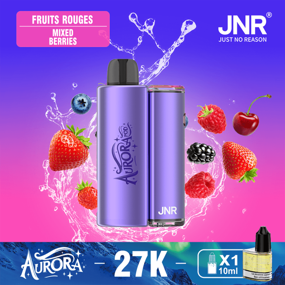 Two purple vape devices with black mouthpieces sit side by side on a pink-to-blue gradient background, surrounded by mixed-berry fruits and splash graphics, with the JNR logo and a bottom banner reading 27K.