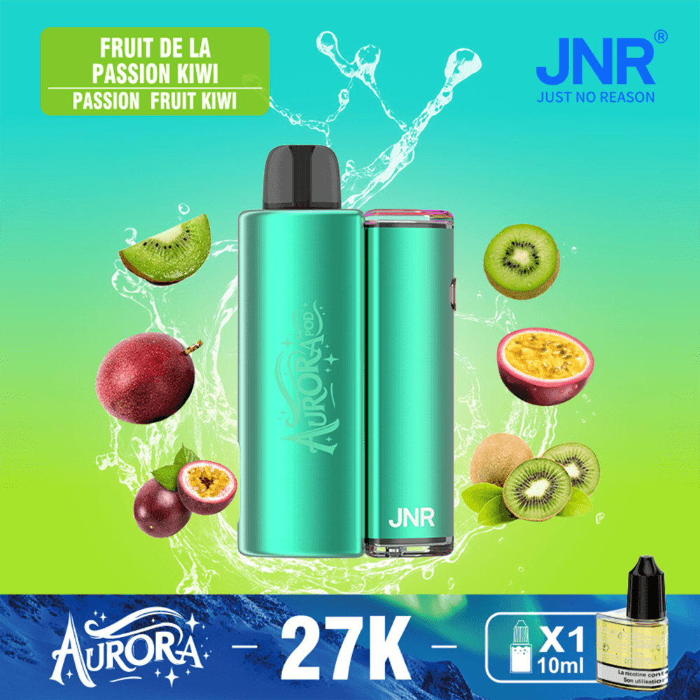 Two turquoise vape devices labeled Aurora and JNR stand center on a bright turquoise-to-lime gradient, surrounded by splash effects and floating passion fruit, kiwi, and other fruits, with a green label reading Fruit de la Passion Kiwi in the top-left and the JNR logo in the top-right, and a blue Aurora banner at the bottom showing 27K and an X1 10ml bottle.