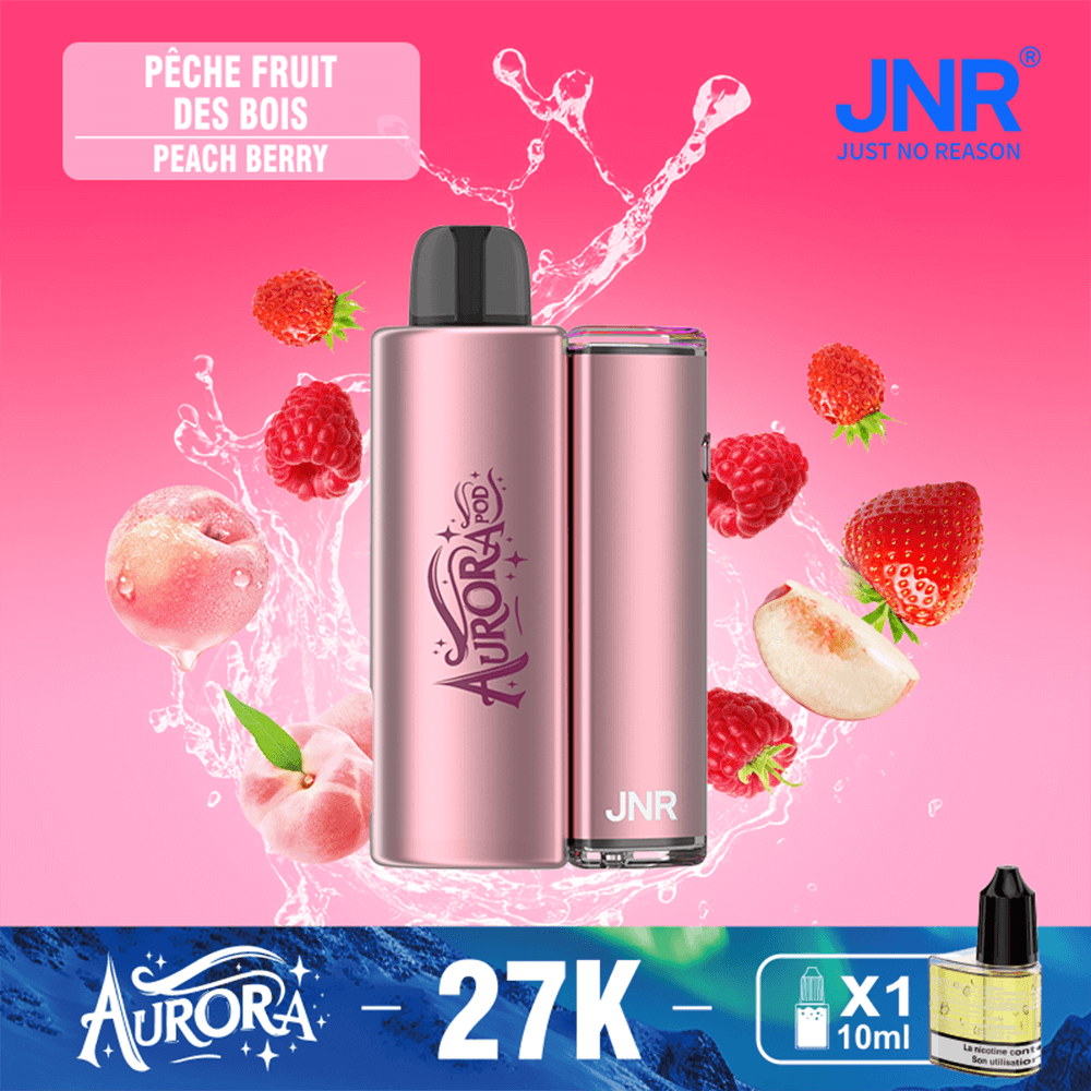 Two pink vape devices, a larger Aurora-branded unit and a slimmer JNR unit, sit against a pink background with splashing fruit and scattered peaches and raspberries; a Peach Berry label is in the top left and a blue Aurora 27K banner with a small 10 ml bottle is at the bottom.
