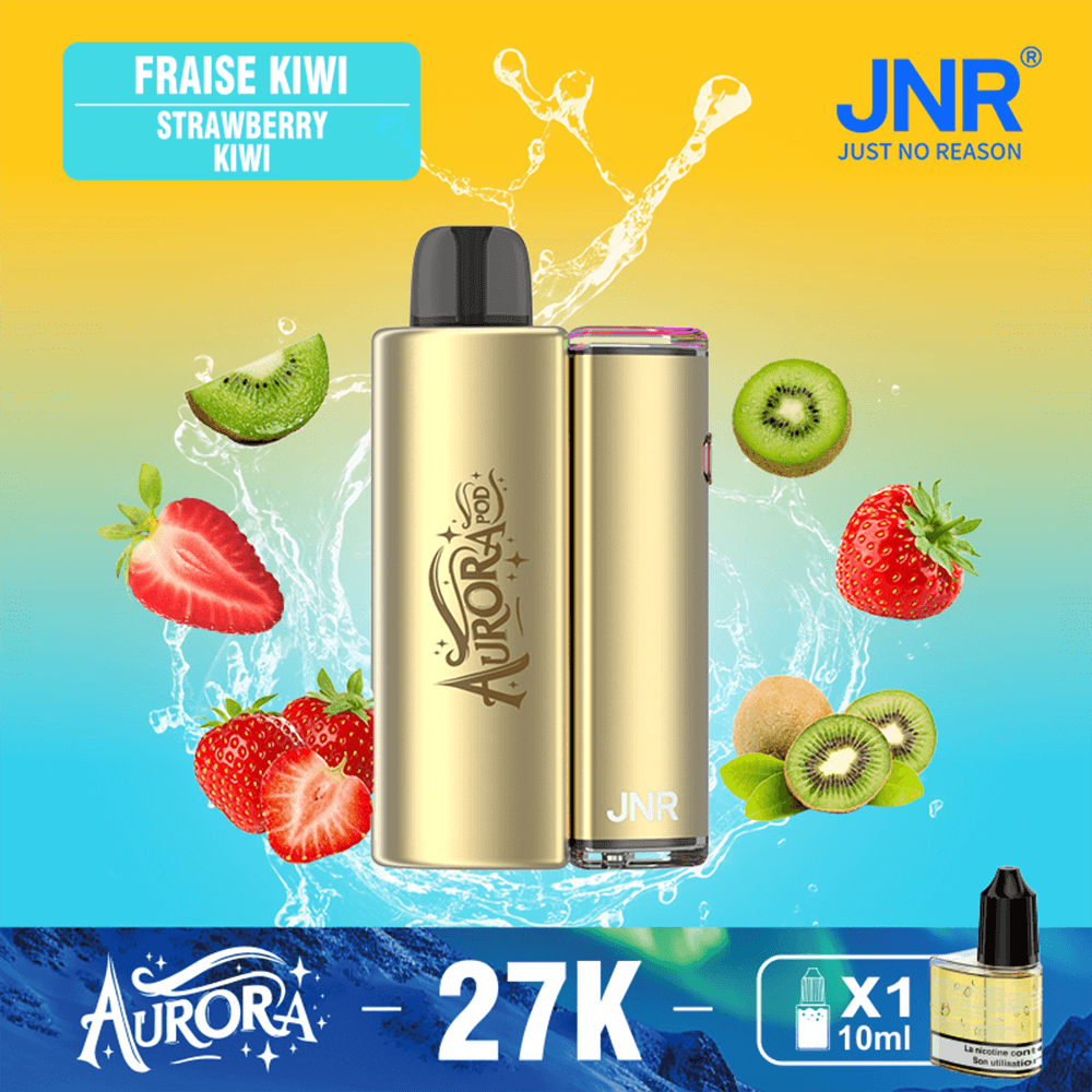 Two gold cylindrical vape devices centered against a yellow-to-teal gradient, with floating kiwi and strawberry fruits and splashes of water, featuring the JNR logo and Aurora branding.