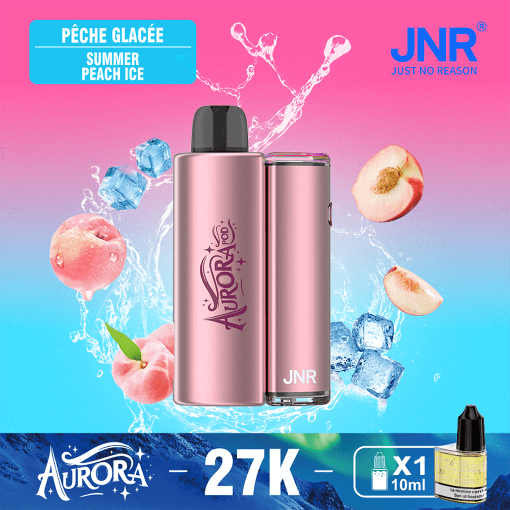 Two pink vape devices branded Aurora and JNR stand upright on a pink-to-blue gradient background, surrounded by peach slices, ice cubes, and splash graphics, with a blue label reading Pêche Glacée Summer Peach Ice at the top and a bottom banner showing the Aurora logo, 27K, and a small 10 ml bottle.